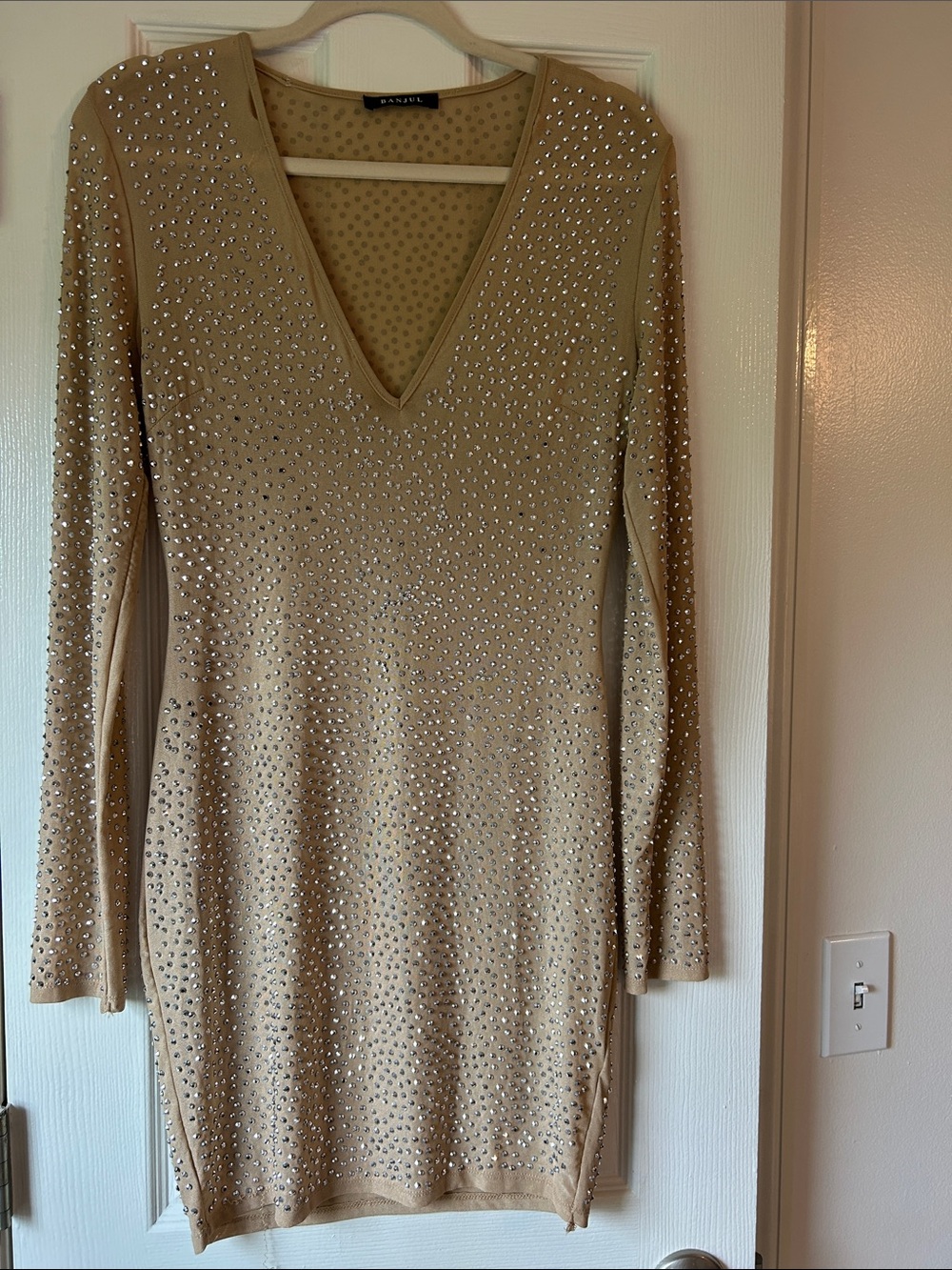 Banjul Nude V-Neck Embellished Long-Sleeve Dress Size L